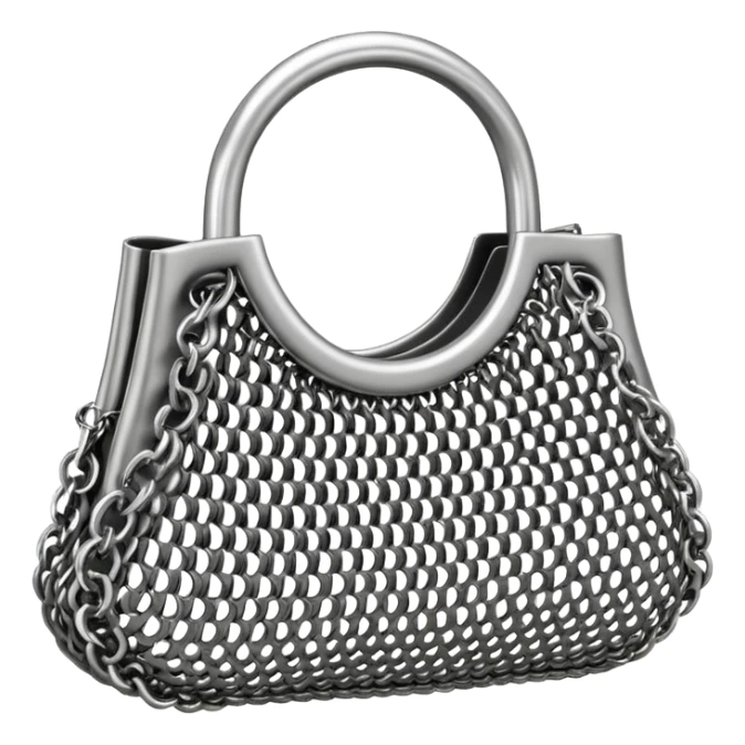3D render of Mesh Purse, made of interlocking chainmail metal rings, wire mesh texture, visible holes and negative space, metallic silver and grey, high contrast shadows, Apple emoji style, isolated on white background --v 6.0. sticker