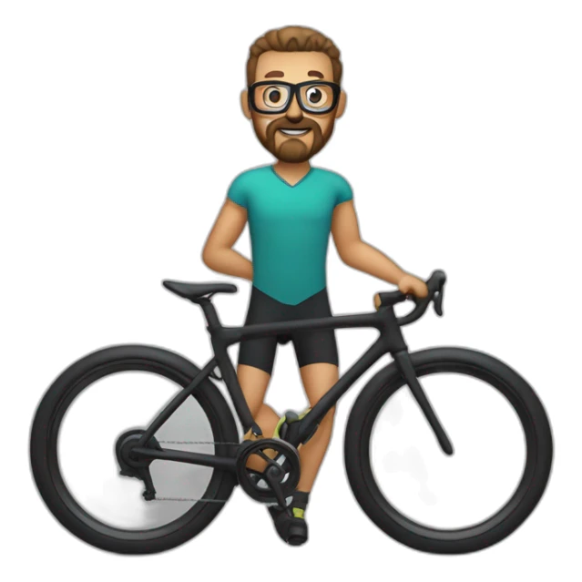 A hunchy man with glasses and a circle beard on a training bike sticker