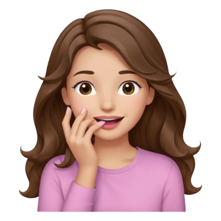 girl with wavy long brown hair, brown eyes, light to medium complexion, long lashes, light pink lipstick, wearing light pink shirt, sexy, gigling hand covering mouth sticker