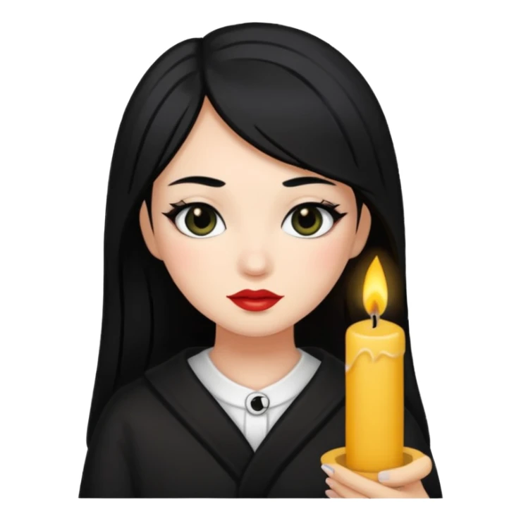 A gurl with black hair make up holding a candle sticker