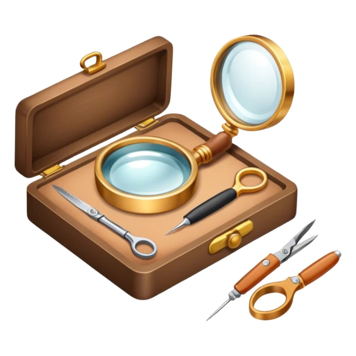 Create an icon that represents the art of jewelry making. The design should feature 1-2 pieces of jewelry, such as a ring or necklace, in progress. Include a small workbench or table, a magnifying glass, and tools like pliers and tweezers. The composition should feel elegant and detailed, showcasing the precision and skill involved in crafting jewelry. The background should be transparent. sticker