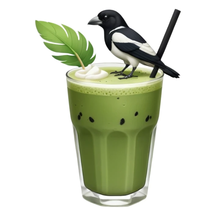  ONE Australien Magpie (just black and white feathers) sitting on an iced matcha latte on the edge of the glass. magpie has green matcha on its beak. matxha latte is in a see through glass and white from the oat milk on the bottom and green without seeds on top… one straw & ice cubes sticker