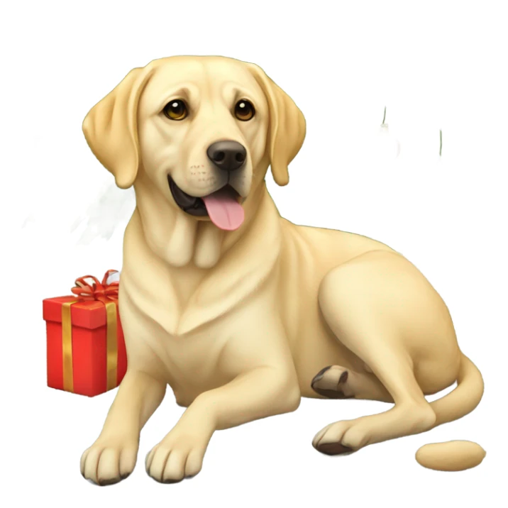 yellow labrador sitting next to a christmas tree sticker