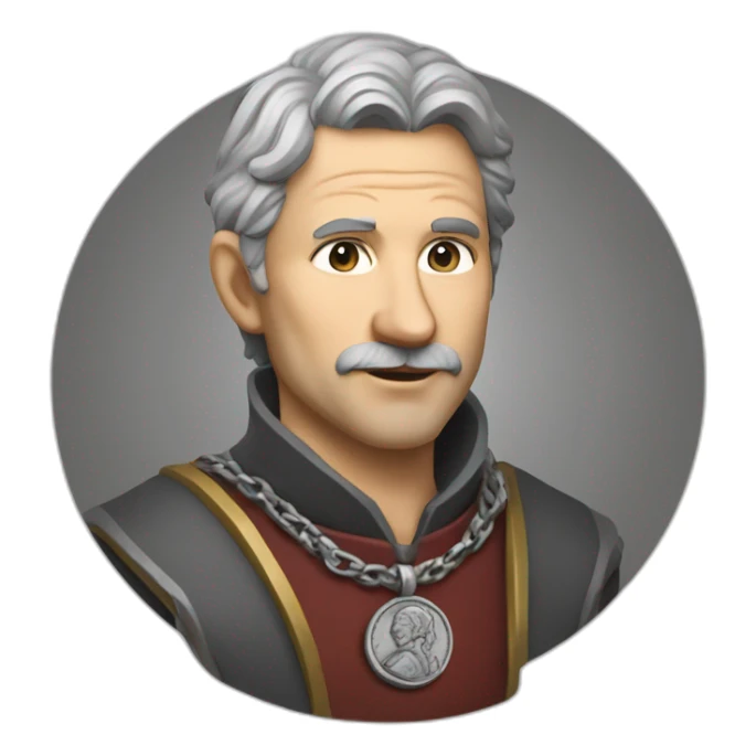 medieval coin engravers guild leader, 50 years old, grey hair, bust, has a necklace with a coin, has a coin in one hand sticker
