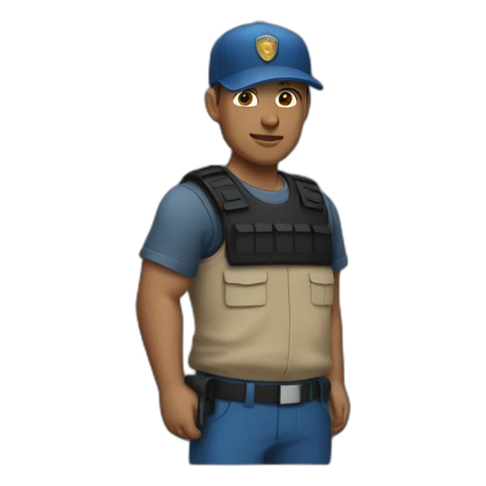 private security with blue shirt, black pants and black cap sticker