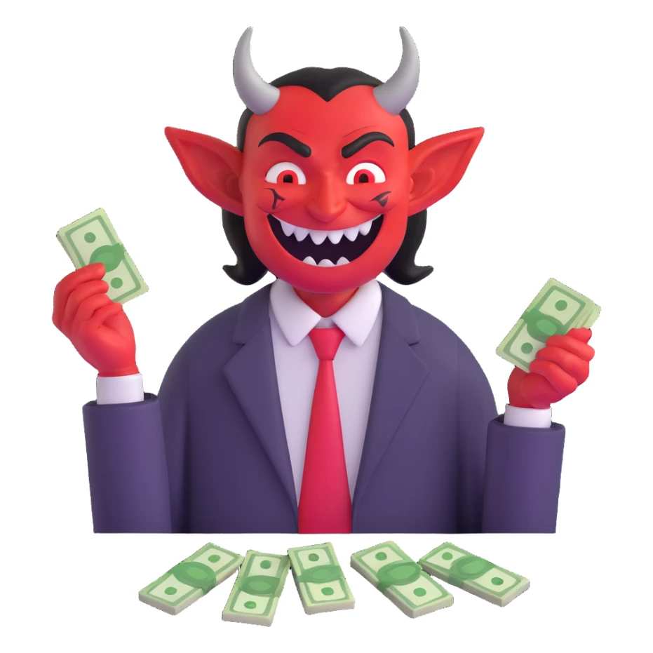 sinister demon salesman counting money with evil smile sticker