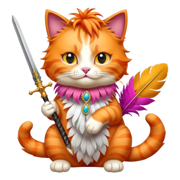 fabulous orange cat in drag bold colors feather boa sword in paw sticker