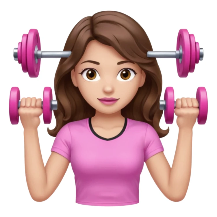 girl with wavy long brown hair, brown eyes, light to medium complexion, long lashes, light pink lipstick, wearing light pink shirt, lifting a pink dumbbells in a sports top sticker