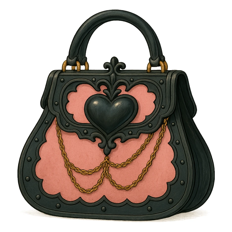 Pink and black gothic purse in Ghibli style, heart-shaped clasp, delicate chains, fantasy vibe, no background sticker