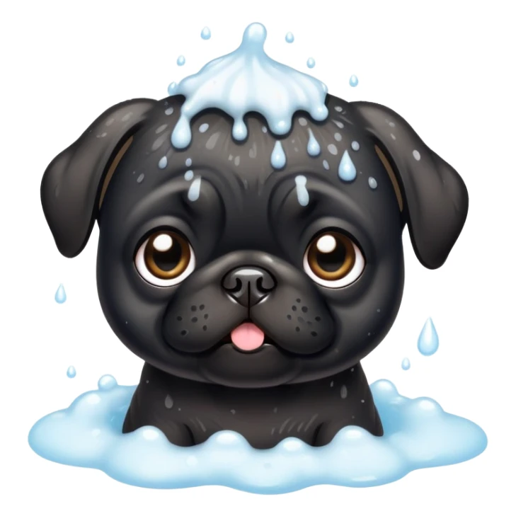 Black pug puppy with bath foam on top of his head sticker