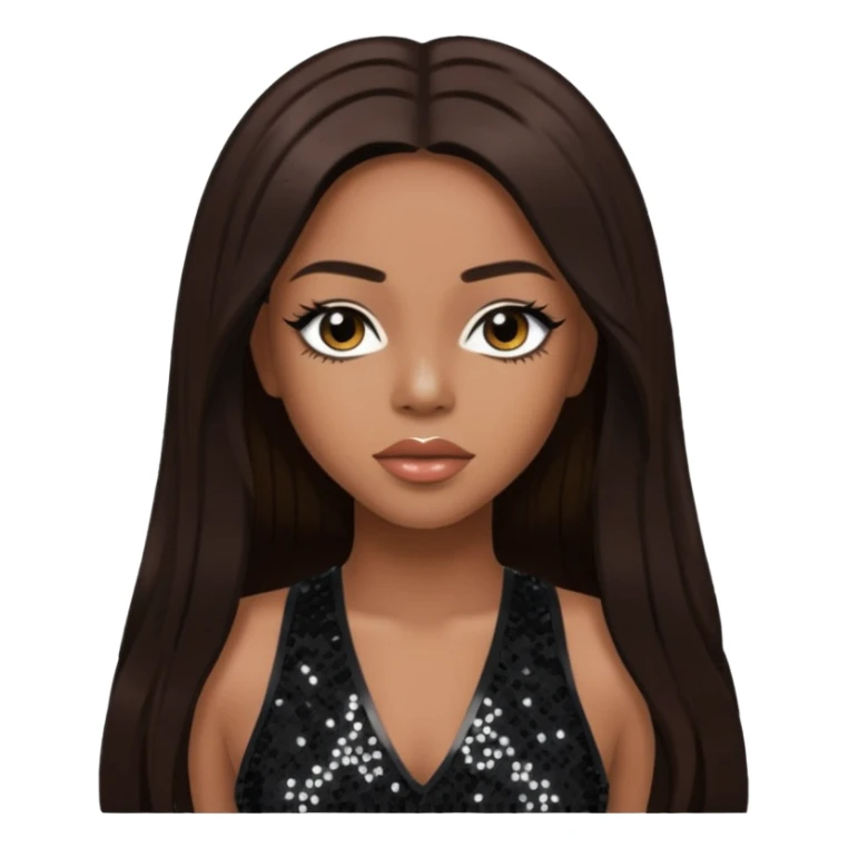 Aaliyah with long dark brown hair, black sequin outfit sticker