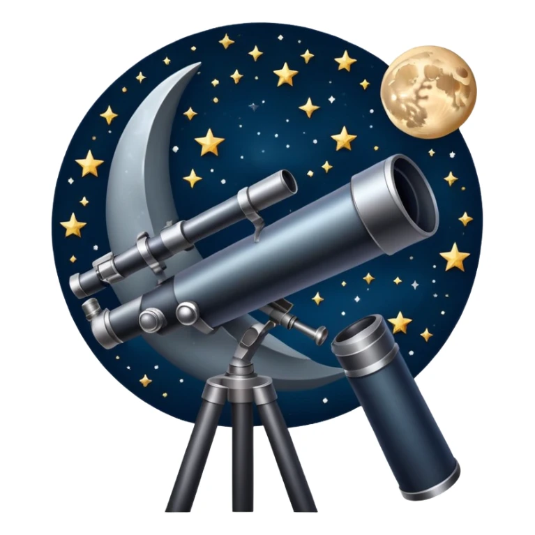 An icon featuring a telescope, stars, and a planet, symbolizing astronomy. The design includes a crescent moon, distant galaxies, and constellations, representing the study of space and celestial bodies. Transparent background highlights the exploration of the universe and cosmic phenomena. sticker