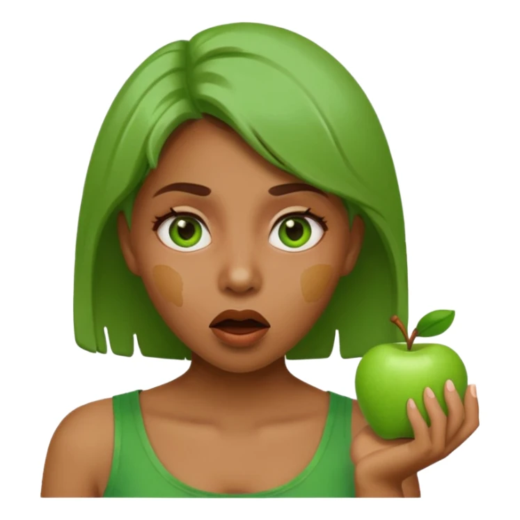woman with green paint on her face, surprised expression, apple style emoji sticker