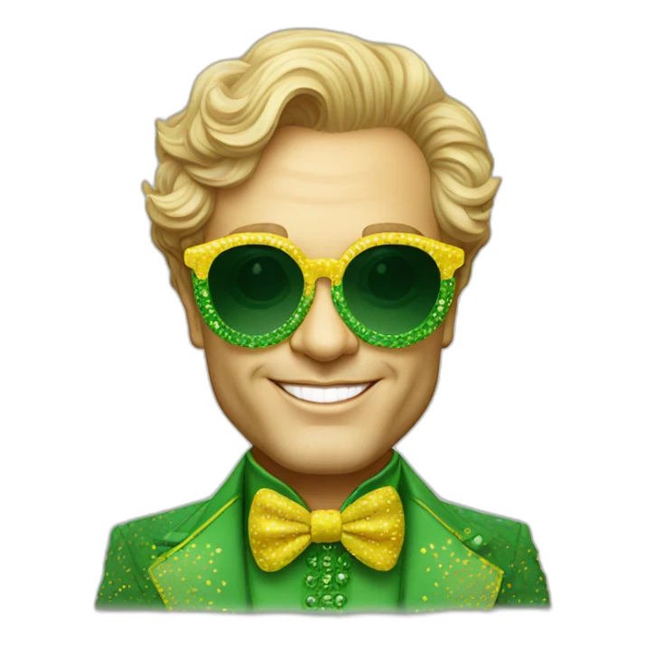 elton john wearing green and yellow patterned oversized sunglasses with scalloped edges for mardi gras sticker