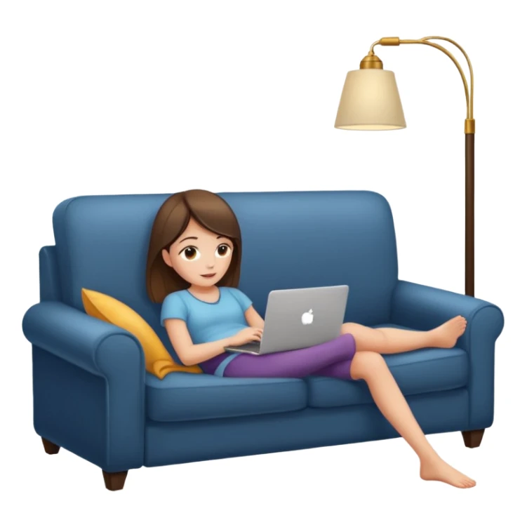 A girl is working with a laptop while lying on a sofa, with a floor lamp to the right. sticker