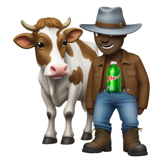 Cow with a Mountain Dew in its hand with jeans and boots and a 𐚁 hat on  sticker