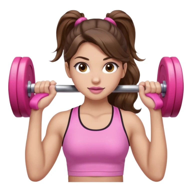 girl with wavy long ponytail brown hair, brown eyes, light to medium complexion, long lashes, light pink lipstick, wearing light pink shirt, lifting pink weights in a sports top sticker