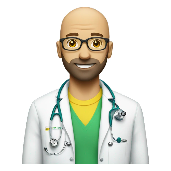 bald man with scruff, and blue eyes, and bright yellow stethoscope, and green glasses sticker