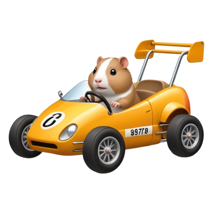 Race car whose frame and suspension is made of shopping cart material and flat panel body, being aggressively driven by a small thin Guinea pig  sticker
