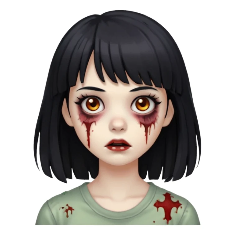 Zombie girl, black hair with bangs, slightly wavy, layered haircut, long eyelashes, black eyes. sticker