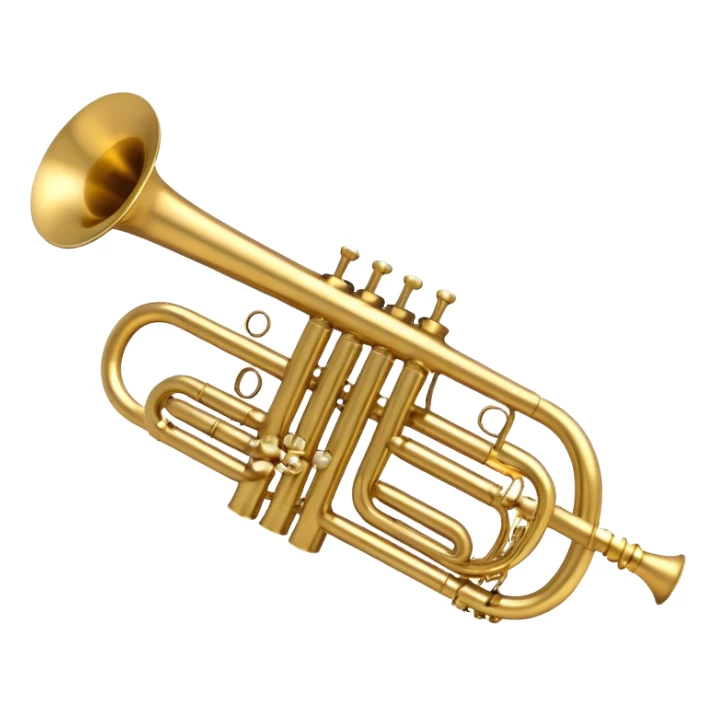 Create a sleek and polished emoji representing the Brahner trumpet. The design should feature the shiny brass body of the trumpet, with its distinct bell shape and coiled tubing. Highlight the three smooth, finger-operated valves, and the mouthpiece at the top of the instrument. The finish of the trumpet should be a rich, golden brass tone with subtle reflections, giving it a polished and professional appearance. Add musical notes or soundwaves around the bell of the trumpet to evoke its bold and brassy sound. Use golden, brass, and silver tones to emphasize the vibrant, high-quality design of the trumpet. The background should be transparent. sticker