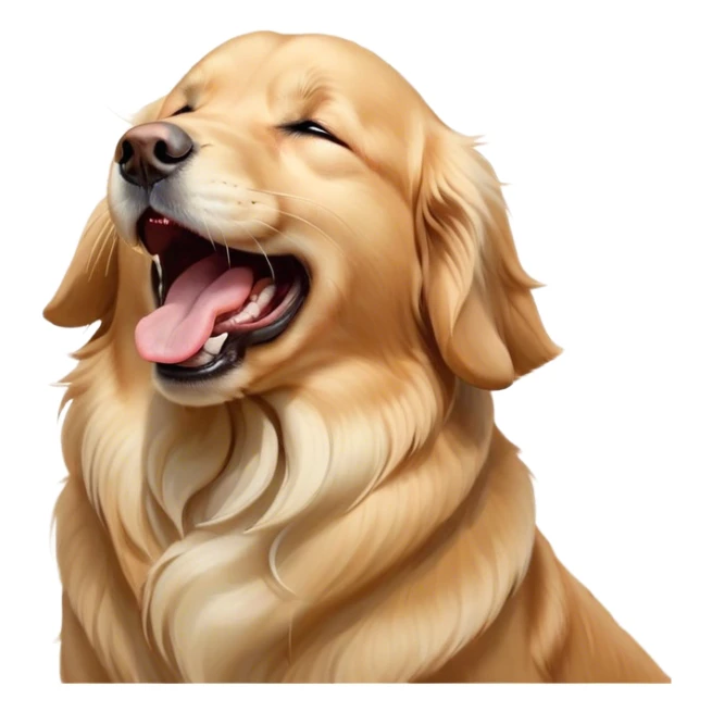 Cinematic Cute Yawning Golden Retriever Portrait Emoji, Head tilted slightly with a dramatic, wide-open yawn, revealing a silky golden coat with a subtle shimmer, floppy ears slightly drooping, round brown eyes barely open in drowsy contentment, Simplified yet irresistibly adorable features, highly detailed, glowing with a soft, cozy glow, high shine, relaxed yet expressive, stylized with a touch of whimsy, bright and endearing, soft glowing outline, capturing the essence of a sleepy yet affectionate companion, so drowsy it feels like it could stretch out of the screen and curl up for a nap! sticker