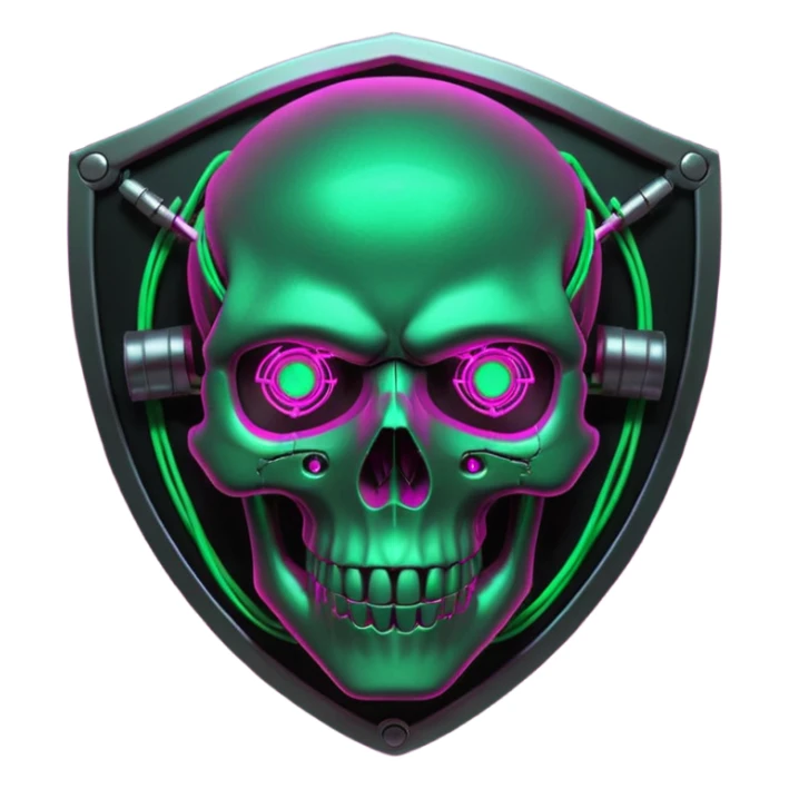 Cyberpunk shield, skull with cybernetic implants, glowing wires, dark electric pink and grenn, black tones, no background sticker