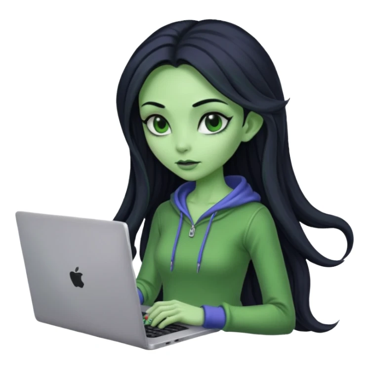 lady alien with only gaming laptop. negative : headphones. sticker