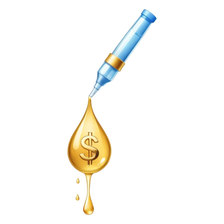 pipette above a shiny gold droplet, dollar sign visible inside the drop sticker