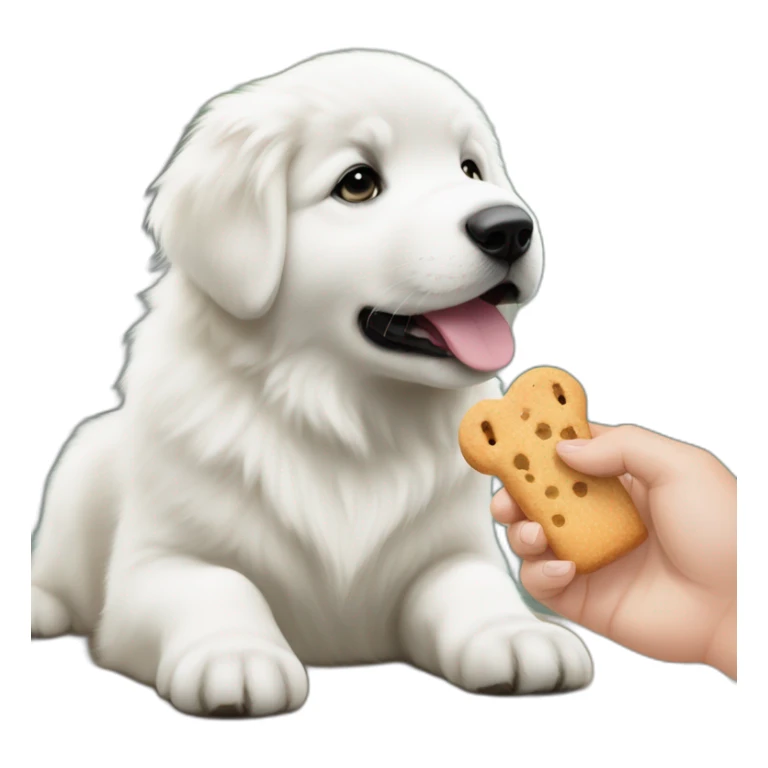 Great pyrenees puppy posing on the side looking at a hand with a treat sticker