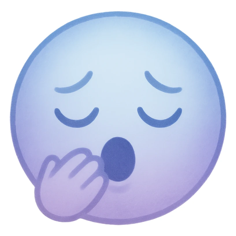 cute emoji, round face, sleepy eyes, tiny yawn, soft blue and lavender sticker
