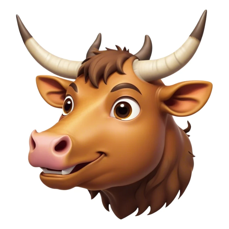 Cinematic Comical Domestic Ox Portrait Emoji, Head tilted dramatically with an exaggeratedly amused expression, featuring a striking, glossy hide with boldly curved horns and wide, expressive eyes brimming with playful disbelief, Simplified yet hilariously expressive features, highly detailed, glowing with a slightly sassy earthy glow, high shine, dramatic yet playful, stylized with an air of cheeky rural mischief, soft glowing outline, capturing the essence of a spirited and over-the-top ox that looks ready to charge its way into internet fame instantly! sticker