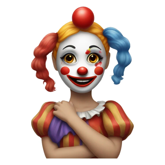 girl hugging a clown with clown makeup, red nose,  sticker