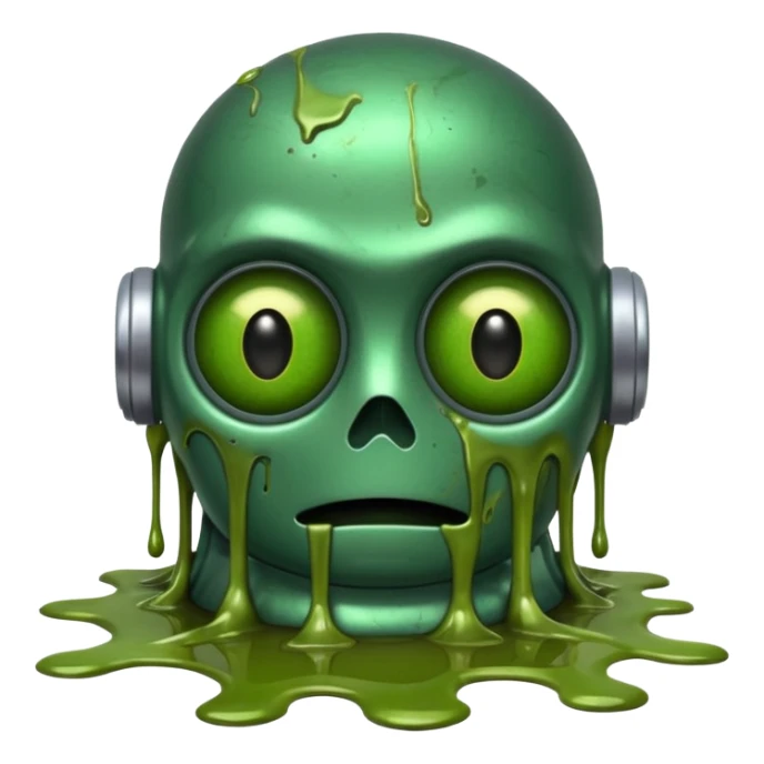 make a tired old melting robot emoji, covered in green sludge, 2d, make the eyes melting and gross sticker