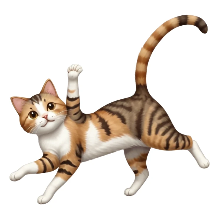 brown tabby and white cat with doing a big extremely long stretch reaching up into the air with arms and legs side by side together straight and overextended whilst lying on its side sticker