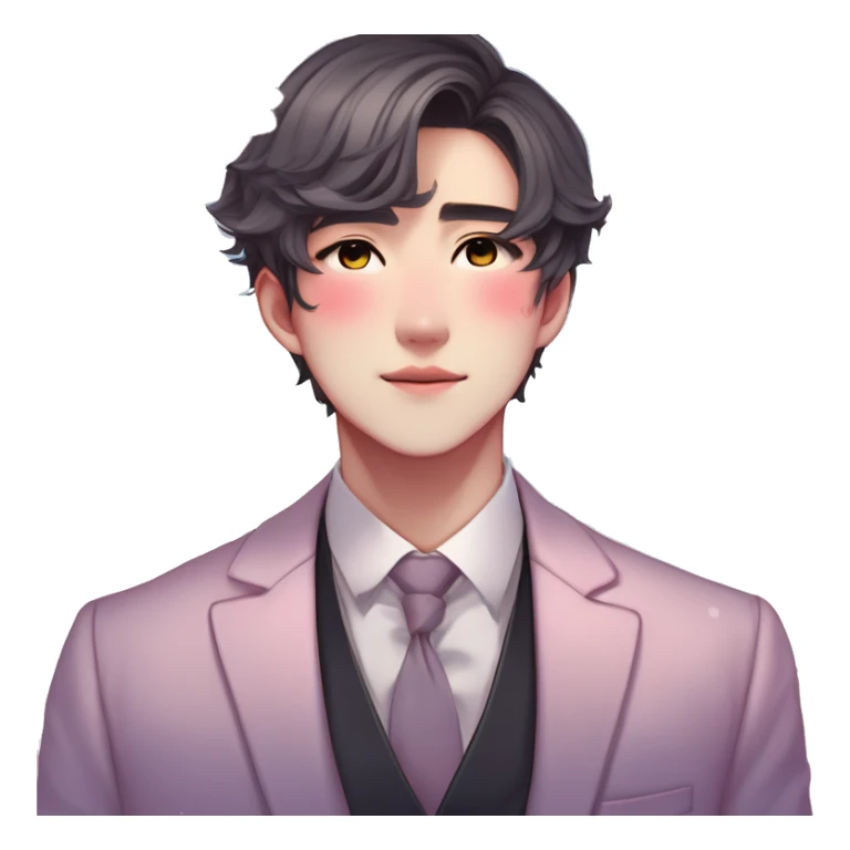 Gorgeous romantic anime style Asian formal modern gentlemanly guy with flowers and blushing face aesthetic trending style outside with colorful gradient colors  pastelcore cottagecore kawaiicore sticker