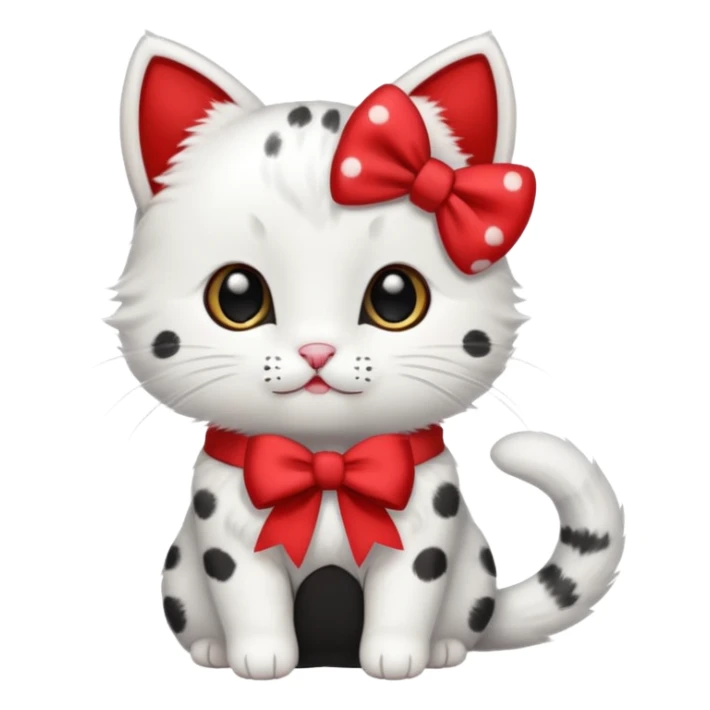 small white kitty, black spots, wearing a red bow, sweet and friendly sticker
