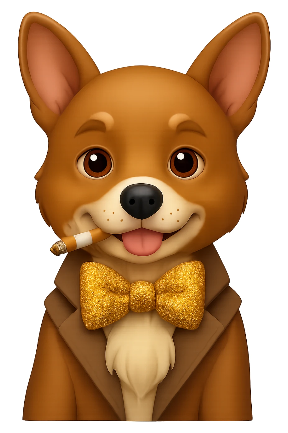 Add a glittery bow tie to the dog while keeping the cigarette. Style should resemble Apple style emojis with transparent background. Keep the background transparent. sticker