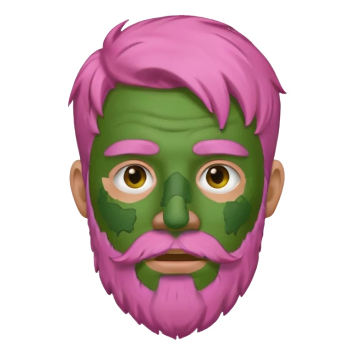 pink haired man with full full face dirty messy green clay mask and beard sticker