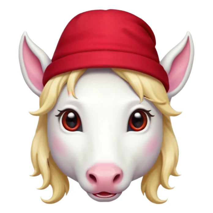 unicorn face cute wearing cute red hat, horn piercing through the hat looking in the camera, blond hair and spectacled sticker