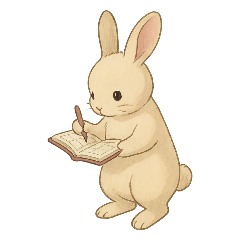cream bunny writing in planner, standing, soft Ghibli style sticker