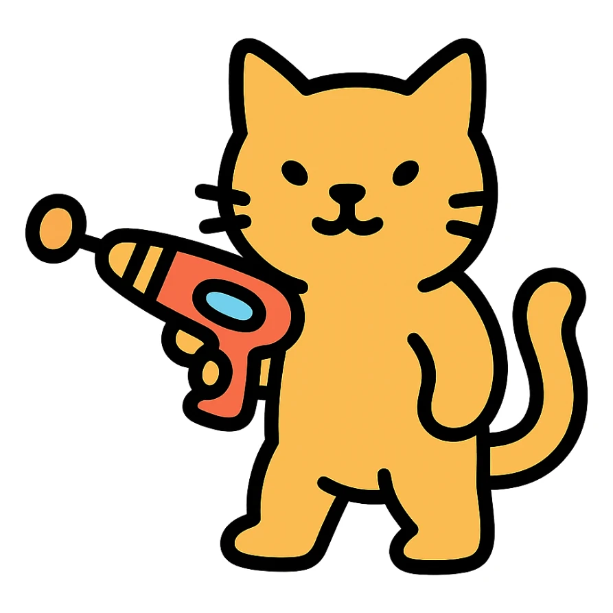 color outline icon of a cat with a sci-fi gun sticker