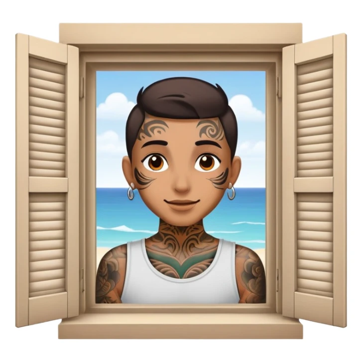 person with face tattoo looking out, and opens window shutters happy sticker