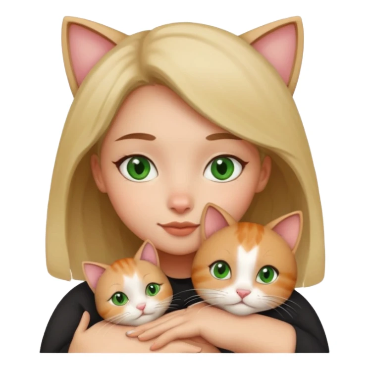 A girl with a square with a mole on her right cheek and square-green eyes hugs a cat sticker