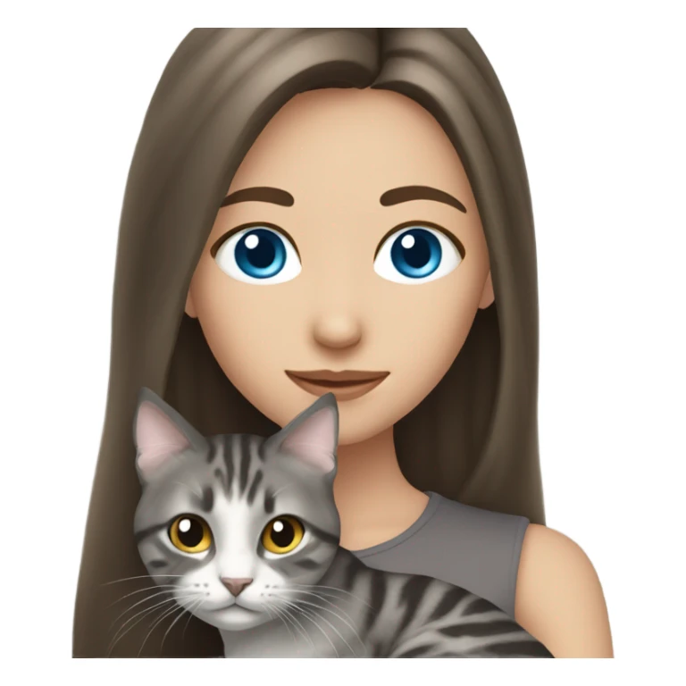 long haired brunette blue eyed girl holding a grey tabby cat sticker