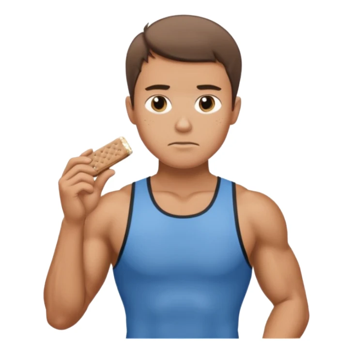 A male athlete holding a protein bar and frowning sticker