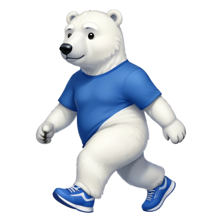 strong-looking friendly anthropomorphised polar bear walking with a confident stride, wearing a royal blue t-shirt, black pants, and trainers sticker