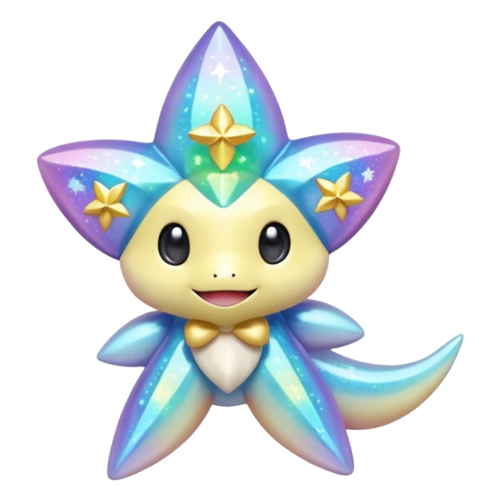 Elemental pastel-iridescent shimmering lucky charming starry smiling cute Jirachi-Dragalge-Pokémon-Fakémon-hybrid-creature sticker