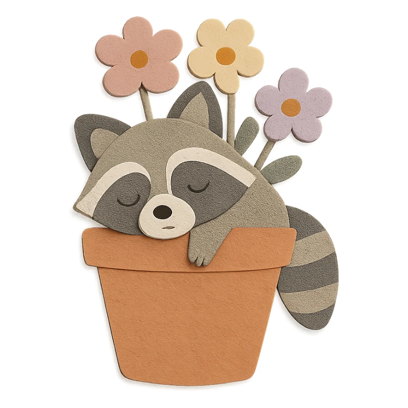 a sleepy raccoon inside a flower pot with a few flowers inside the pot, pastel earthy colors, paper craft style sticker