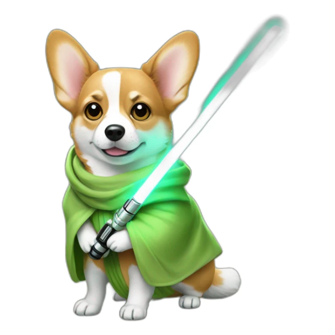 Corgi dress as yoda with one light saber green sticker